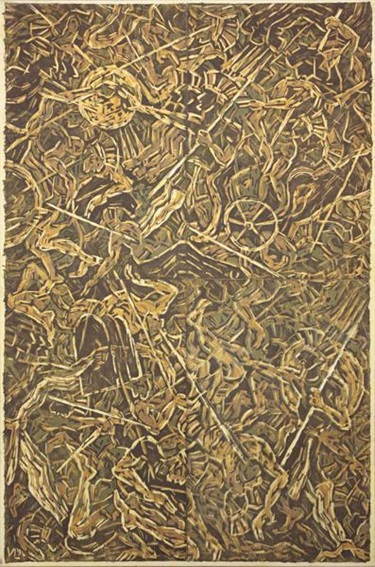Vivienne Littlejohn - Battlelines, 1994, woodcut print collage on canvas, 153x100cm, purchased after her posthumous solo exhibition at the Gallery in 2008